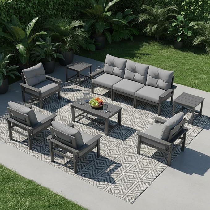 HDPE 7 Piece Patio Furniture Set, All-Weather Outdoor Couch Set with Thick Cushions & Coffee Table & Side Table, Patio Conversation Sets for Lawn, Garden, Porch, Balcony, Deck, Grey
