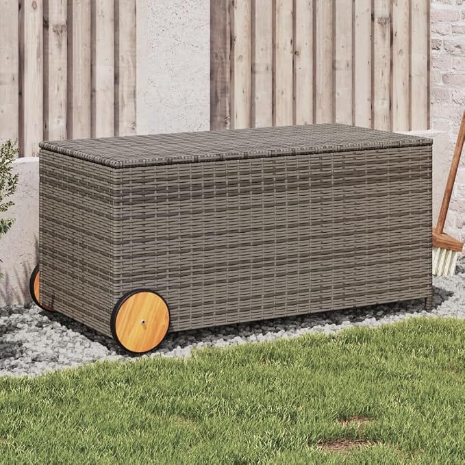 Outdoor Rattan Wicker Garden Storage Box with Wheels, Patio Deck Storage Box, Patio Storage Container for Indoor, Patio Furniture Cushions, Gray 50.2 Gal Poly Rattan,-227