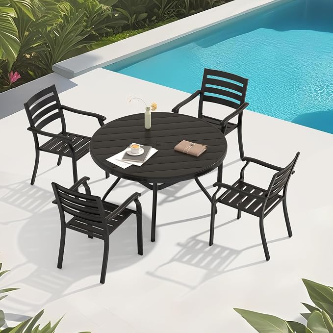 LUMISOL 5-Piece Outdoor Patio Dining Set, 4 Stackable Metal Dining Chairs and 40.6" Round Metal Dining Table, Outdoor Table and Chairs for Lawn Garden Backyard, Black