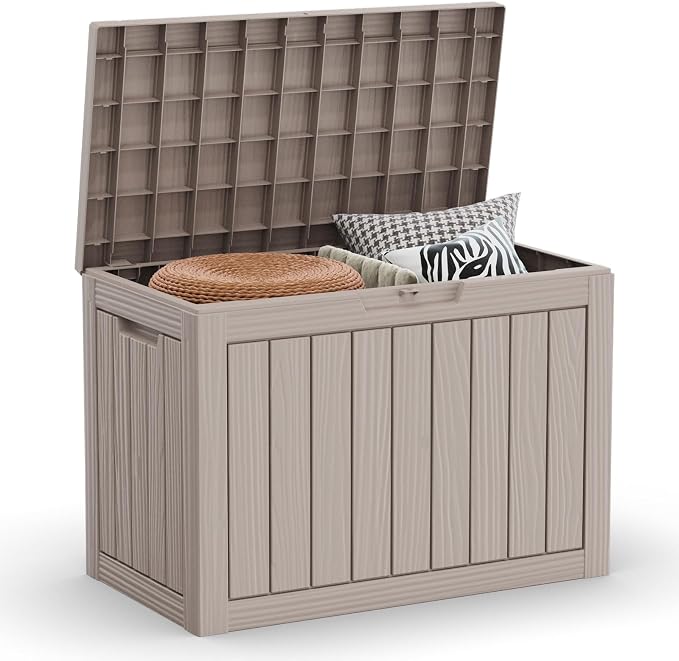 Deck Box Large Outdoor Storage for Patio Furniture,Outdoor Cushions,Garden Tools and Pool Supplies,Waterproof,Resin,Lockable (Grey, 47 Gallon)