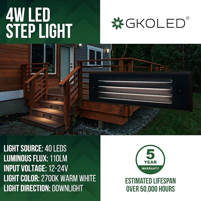 Low Voltage Lengthened LED Step Lights, 4W 12V Surface Mount Light with Horizontal Louvered Faceplate, for Steps Decks Pathway Stairs Fences, 2700K, IP65, Die-cast Aluminum, Black (6-Pack)