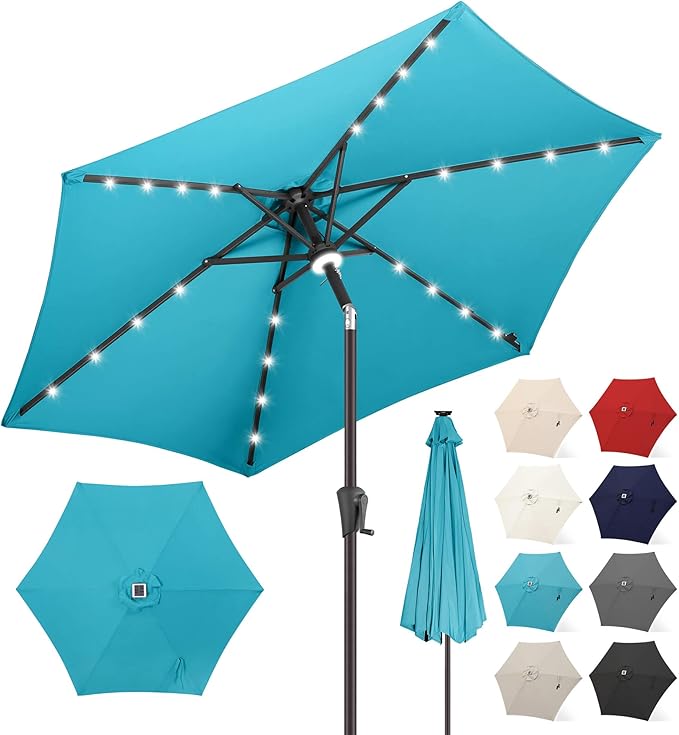 FLAME&SHADE 7.5 FT Solar Light Patio Umbrella, 24 LED Lights Outdoor Umbrella with Centre Surround Light, Table Umbrella Outdoor Patio for Deck, Pool, Backyard, Garden, UV Protection (Aqua Blue)