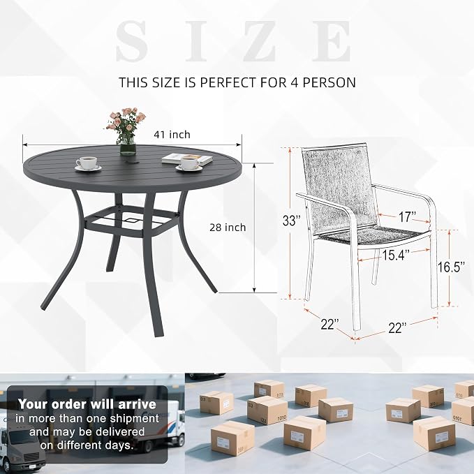 Outdoor Dining Set 5 with 41" Metal Round Table and Black Stacking Chairs | 4 Piece Stackable Chairs Textilene Seat and Back, Table and Chair with Metal Frame, Round Slat Table Top, 1.9" Umbrella Hole