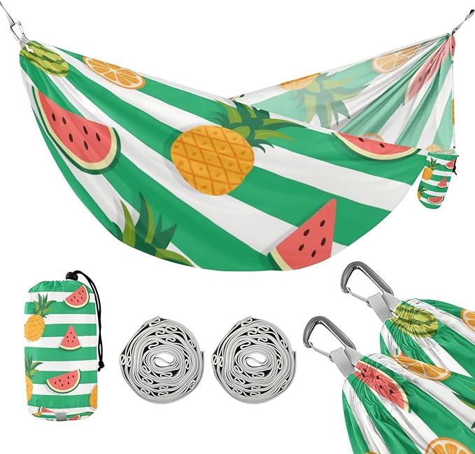 Green White Striped Summer Fruit 330lb Capacity Hammocks for Camping with Tree Straps Tree Hammock for Patio Backyard Lounge Base hamaca para Patio Exterior