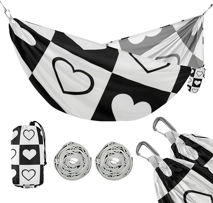 Plaid Black White Hearts Shape 330lb Capacity Camping Hammock Tree Hammock for Camping Travel Accessories hamaca con soporte para adultos