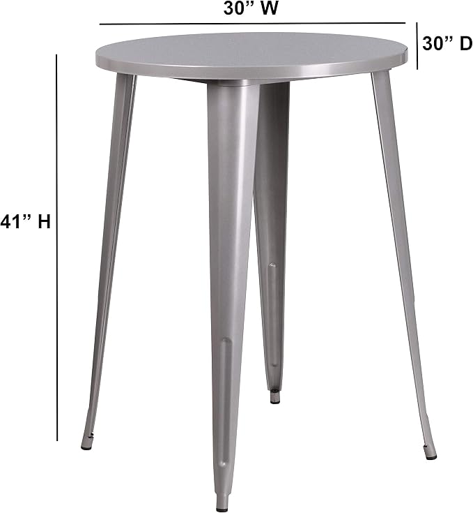 EMMA + OLIVER Commercial Grade 30" Round Silver Metal Indoor-Outdoor Bar Height Table