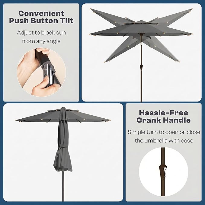 Outdoor Patio Umbrella, 2 Tiers Market Table Umbrella with 8 Sturdy Ribs, Push Button Tilt and Crank, UPF50+ UV Protection for Deck, Pool, Garden and Backyard