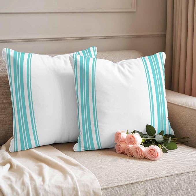 Outdoor Waterproof Throw Pillow Covers Set of 2 Turquoise Stripes Pillowcases 16x16 Inches White Vertical Striped Decorative Pillows Cushion Case Patio Pillows for Couch Bed Chair Garden