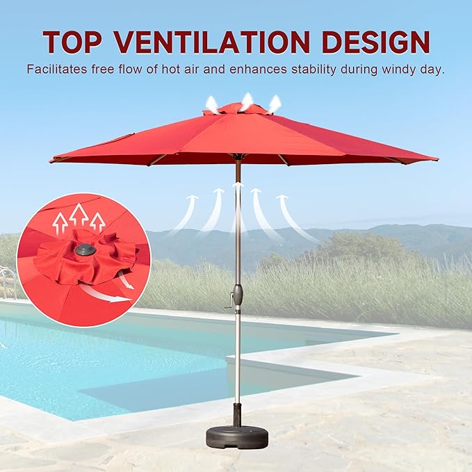 Domi 9FT Patio Umbrella Outdoor Market Umbrella with Silver Aluminum Pole, UV Resistant Canopy, Wind Vent, Tilt & Crank System, Perfect for Patio, Garden, Deck, Pool, Outdoor Dining, Red