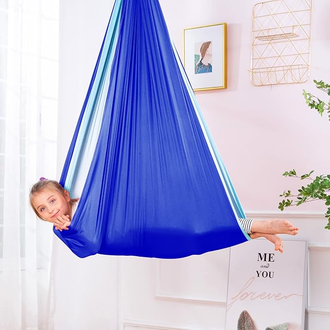 Therapy Swing Hammock Kids Cuddle Sensory Swing Indoor Therapeutic Hammock 360° Rotating Double Layer Elastic Rocking Cloth Swing Gifts for Children with ADHD SPD Asperger Autism (Blue+Sky Blue)