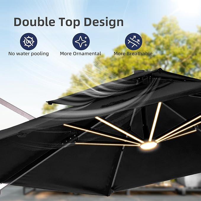 9x12 FT Patio Umbrella with Weighted Base and LED Lights Cantilever Outdoor Large Heavy Duty Rectangle Aluminum Offset Umbrellas Double Top 360 Rotation for Pool Deck Garden, Black