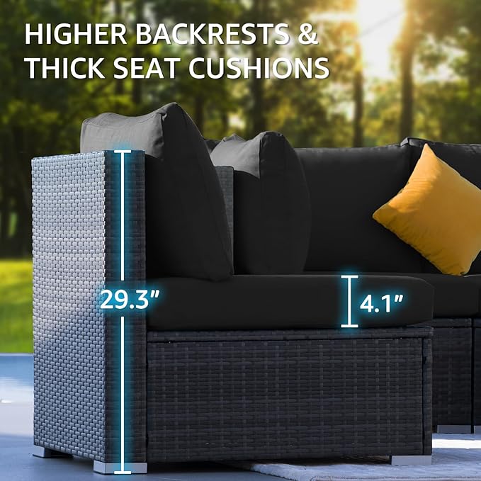NICESOUL 13 Piece Patio Sectional w/Fire Pit, Modular Wicker Outdoor Couch w/Chaise Lounge, Large Size 29.3'' High-Back Deep Conversation Seating, All-Weather Backyard Movie Furniture, Grey & Black