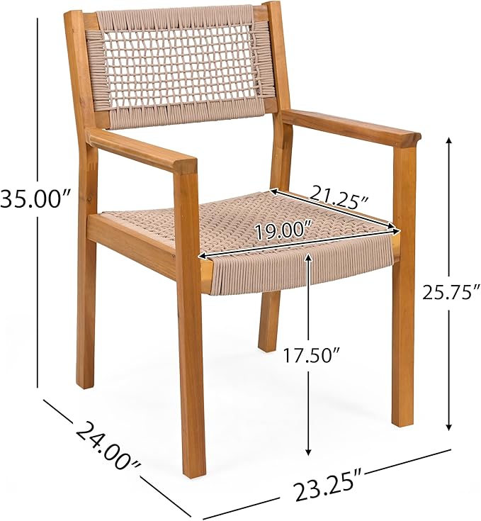 Christopher Knight Home Rlyn 5 Pieces Patio Dining Set, Rope Acacia Wood Dining Chair, Woven Armchairs, Round Wood Table for 4, Outdoor Table and Chair for Garden, Backyard, Poolside, Light Brown+Teak