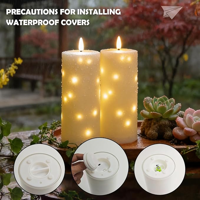 kakoya Large Solar Flameless Candles Outdoor Waterproof 10" x 4",2Pcs LED Pillar Candles Included Rechargeable Solar Battery with Embedded Star String for Outdoor Porch,Patio Decor(White)