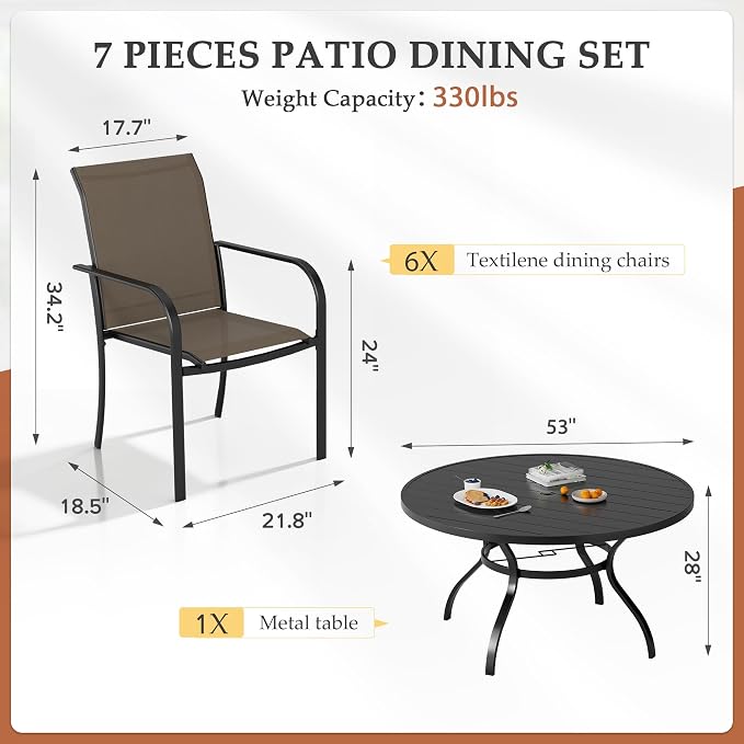 7-Piece Patio Dining Set,6 Person Outdoor Table and Chairs Set, 6 Metal Dining Chairs and Round Outdoor Table with 1.57" Umbrella Hole,Khaki