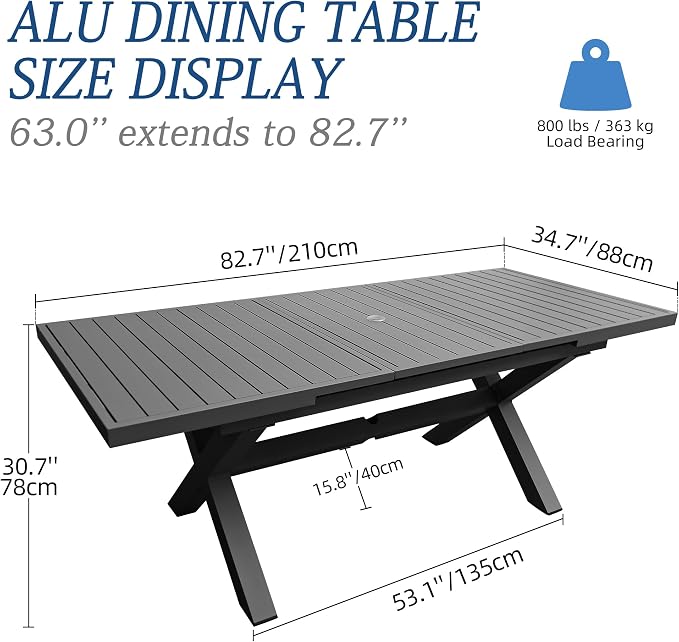 83'' 32'' Extendable Outdoor Dining Table for 6-8, Aluminum Frame with Umbrella Hole for Patio, Garden, Backyard, Deck, Poolside (Dark Gray)
