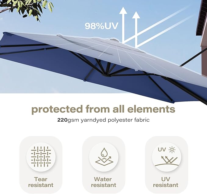 LAUSAINT HOME 9ft Square Cantilever Patio Umbrella, Outdoor Offset Hanging Umbrella with 360° Rotation & Aluminum Pole for Backyard, Pool, Lawn, Deck, Grey,Navy Blue