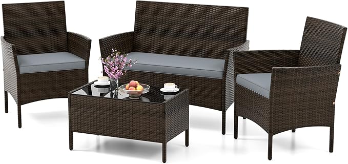 HAPPYGRILL 4 Pieces Outdoor Rattan Conversation Set, Patio Wicker Furniture Set with Loveseat Chairs & Tempered Glass Coffee Table, Outside Sectional Sofa Set for Backyard Garden Poolside