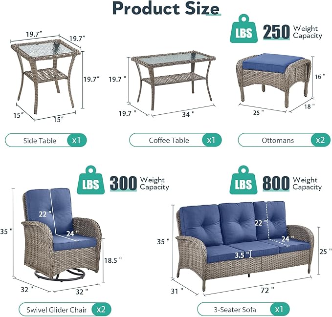 7 Piece Patio Furniture Set - Wicker Patio Conversation Set with Swivel Glider, 3 Seat Sofa, 2 Ottomans, Glass Side Table and Coffee Table for Deck Backyard - Grey Wicker Blue Cushion