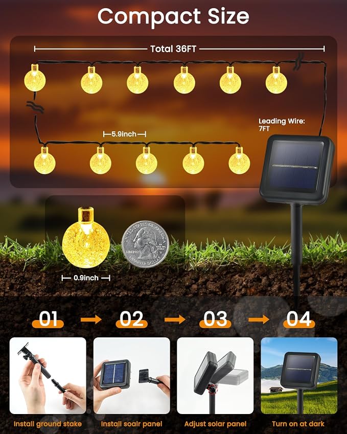 LORRYTE 2 Pack 64FT 100 LED Globe Solar String Lights Outdoor, Warm White | Crystal Globe Patio Lights, IP65 Waterproof, Auto On/Off, 8 Modes Solar Powered Light for Garden Yard Wedding Porch Party