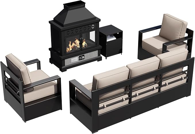 Outdoor Aluminum Furniture Set, 4-Piece Patio Conversation Set, 2 Chairs, 1 Sofa and 1 Fireplace, All-Weather Metal Frame, 6" Thick Removable Cushions, Deep Setting for Garden, Poolside and Porch