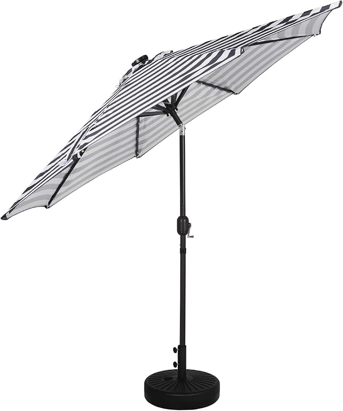 WO Home Furniture 9 Ft Patio Solar Power LED Lights Market Umbrella with Black Color Round Free Standing Weight Base kit, Black/White