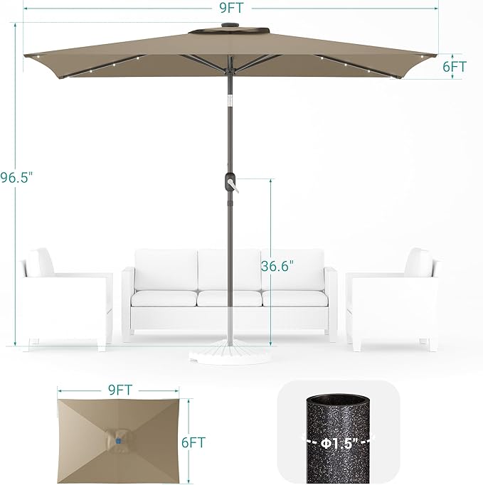Rectangle Patio Umbrella with Solar Lights, 6x9ft Outdoor Rectangular Table Market Umbrella Patio with Push Button Tilt and Crank for Pool, Deck, Garden,Backyard