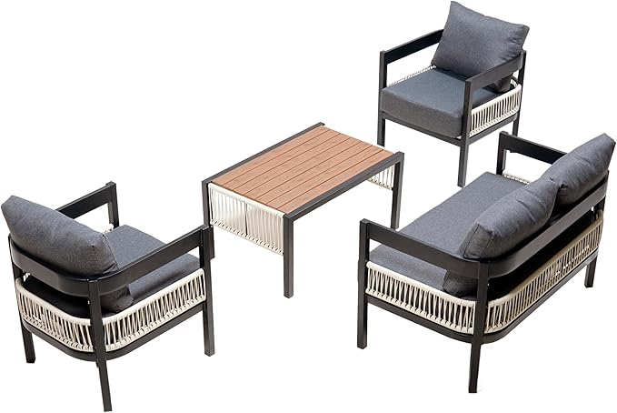 4-Pieces Outdoor Patio Sofa Set with Coffee Table, All-Weather Conversation Set with Thick Cushions and Pillows for Garden Backyard Balcony, Iron Frame&Wood Tabletop (Grey-3.17)