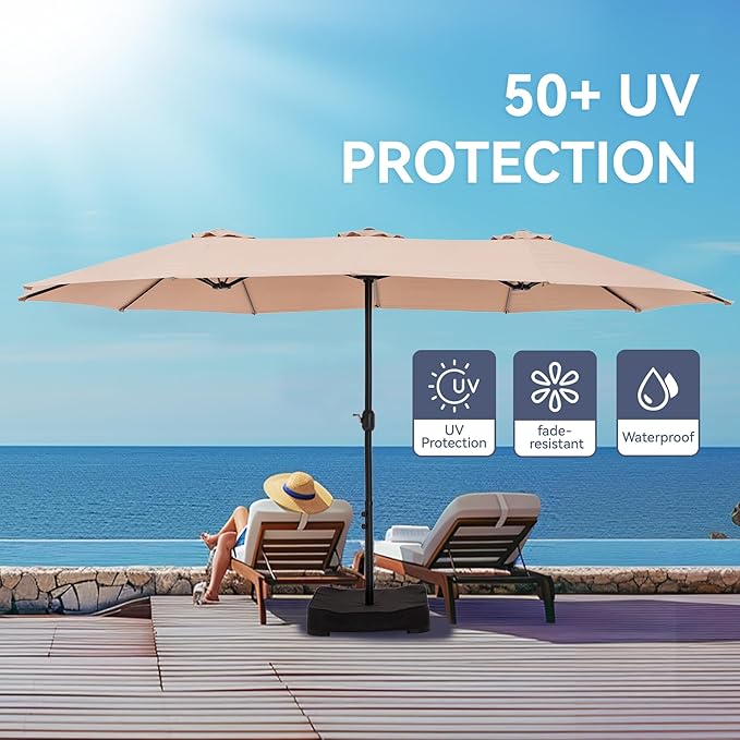 GREEN PARTY 15 ft Rectangular Patio Umbrella with Base Included, Large Double-Sided Outdoor Table Umbrella with Crank, 1.9" Pole UPF 50+ UV Resistant for Pool Deck Backyard Garden, Beige