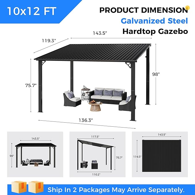 AirWire 10'x12' Lean to Gazebo, Hardtop Pergola with Metal Roof, Wall Mounted Heavy Duty Canopy Awning for Backyard, Deck and More