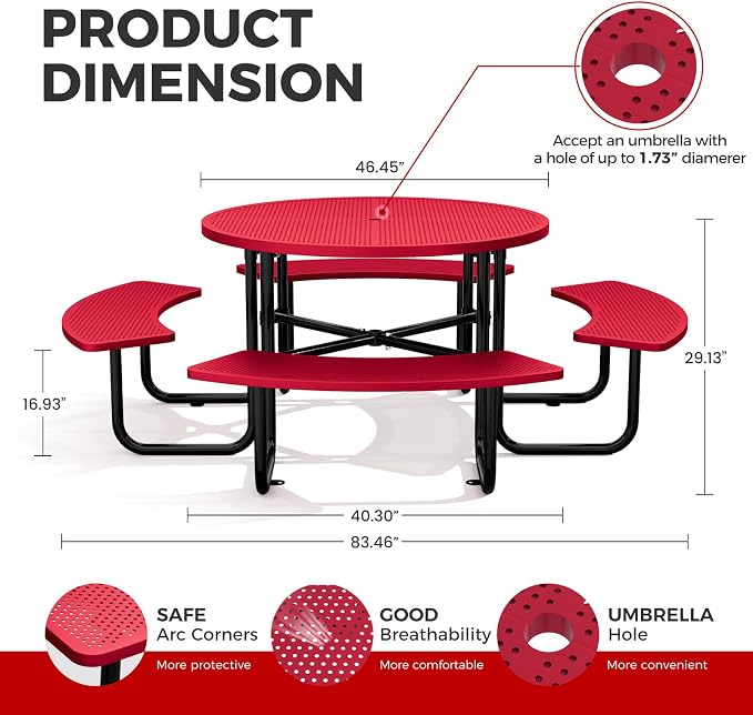 83" Round Heavy Duty Picnic Table for Outdoors Commercial Camping Table with Umbrella Hole up to 1.78" Red Coated Steel Frame Waterproof Rust Resistant 3200 lbs Load Capacity