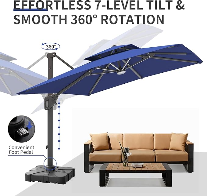 10 X 13 FT Cantilever Patio Umbrella with Base Included & Led Lights Outdoor Rectangle Offset Large Double Top Heavy Duty Umbrellas 360°Rotation for Pool Deck Backyard Garden, Navy