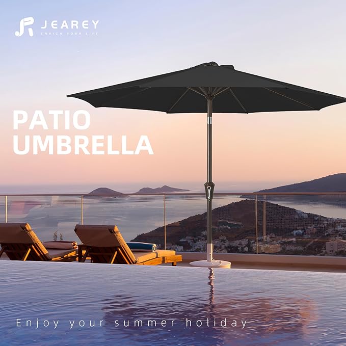 JEAREY 10FT Outdoor Patio Umbrella Outdoor Table Umbrella with Push Button Tilt and Crank, Market Umbrella 8 Sturdy Ribs UV Protection Waterproof for Pool, Garden (Black)