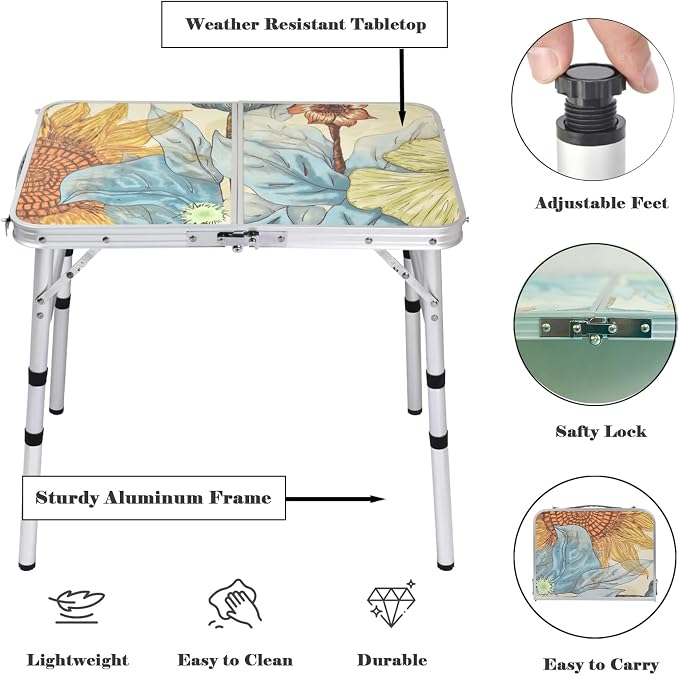 Small Folding Camping Table, 2ft Portable Picnic Table Aluminum 24" x 16", 3 Adjustable Heights Lightweight Dining Table for RV, Picnic, Beach (Sunflower)