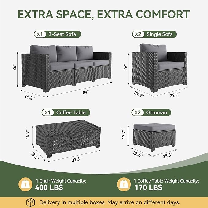 Aoxun 8 Piece Outdoor Patio Furniture Set 7 Seats, Outdoor Sectional with Thick Waterproof Cushions & Storage Coffee Table, Patio Conversation Sets for Garden,Backyard, Porch, Balcony, Deck, Gray