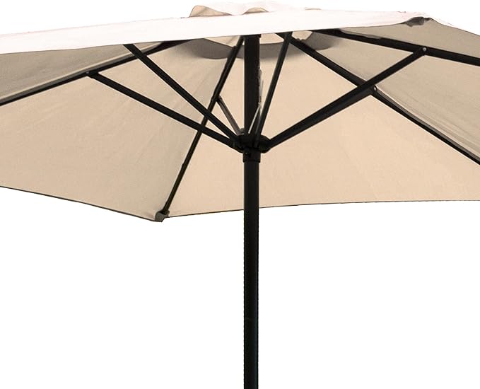 Four Seasons Courtyard 9 Foot Naples Market Patio Umbrella Round Polyester Fabric Outdoor Backyard Shaded Canopy with Push Button Tilt, Natural Color
