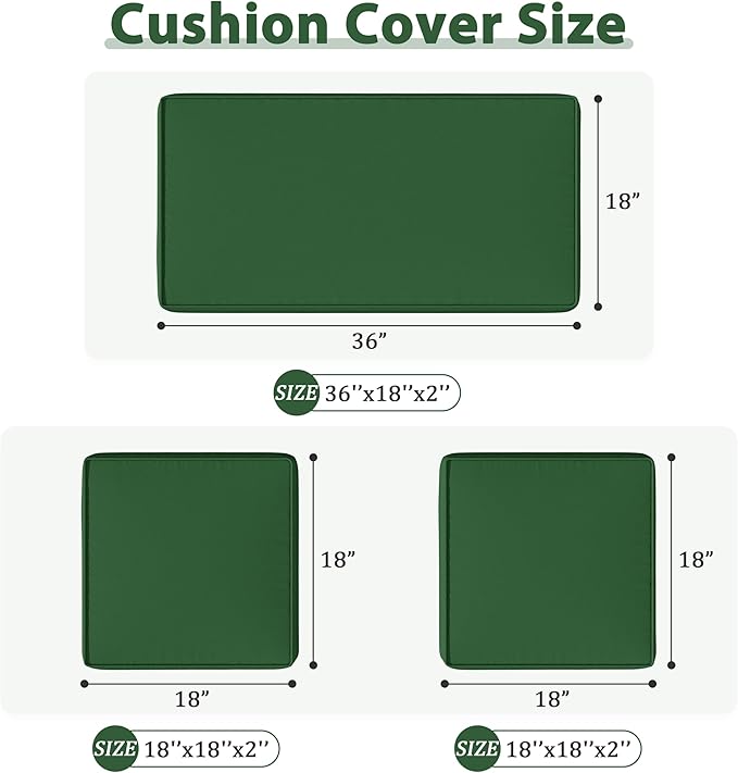 3 Pack Outdoor Patio Seat Cushions Replacement Covers Fit for 4 Pieces 4-Seater Wicker Rattan Patio Conversation Set Loveseat Chair Couch Furniture,36x18x2,18x18x2,Green-Cover Only