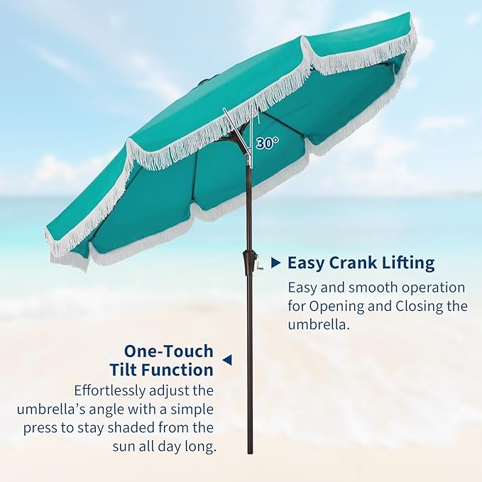 Garvee 10FT Fringe Patio Umbrella with Crank Handle,Push Button Tilt for Sun Shade,8 Fiberglass Ribs, 1.5"D Premium Steel Pole,Outdoor Large Tassel Umbrella for Patio Beach Pool Backyard,10' Lake Blue