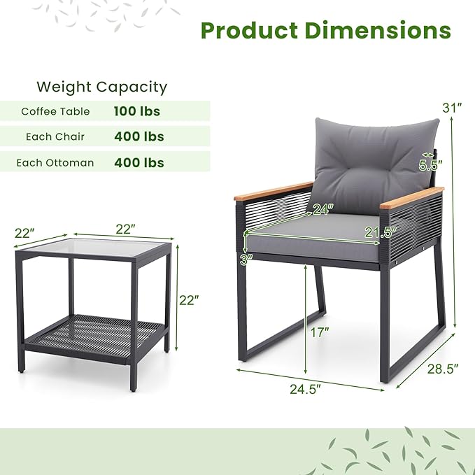 Tangkula 3 Piece Outdoor Conversation Set, Patio Rattan Cushioned Armchairs and Table, with Heavy Duty Metal Frame and Acacia Wood Armrests, for Front Porch, Poolside