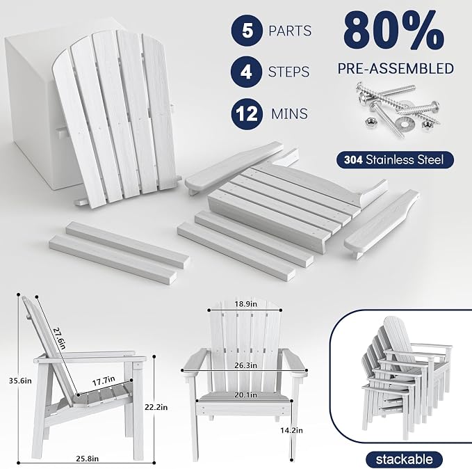 nevilywood Compact Stackable Adirondack Chairs,All Weather HDPE,380lb,White | 26.3" Wide HDPE.All-Weather Outdoor.Maintenance-Free.Stackable for Storage.25°Curved Straight Backrest.Quick Assembly