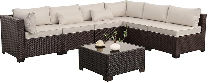 Rattaner 7 Pieces Wicker Patio Furniture Conversation Set Outdoor Sectional Sofa Glass Coffee Table with Non-Slip Cushions and Furniture Cover, Beige