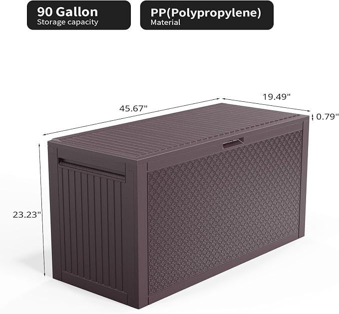 90 Gallon Outdoor Storage Deck Box with Wheels, Lockable Plastic Garden Chest for Tools, Cushions, Patio Accessories, Weather-Resistant Resin Storage Bench with Handles, Easy Assembly Brown