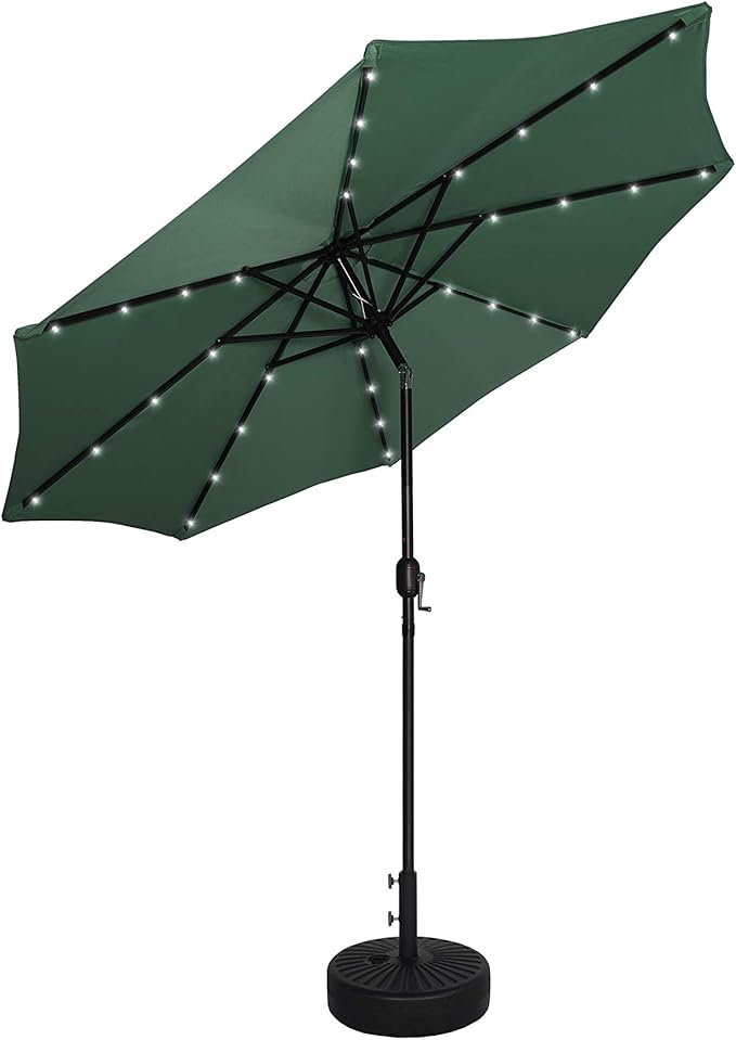 WO Home Furniture 9 Ft Patio Solar Power LED Lights Market Umbrella with Black Color Round Free Standing Weight Base kit, Dark Green