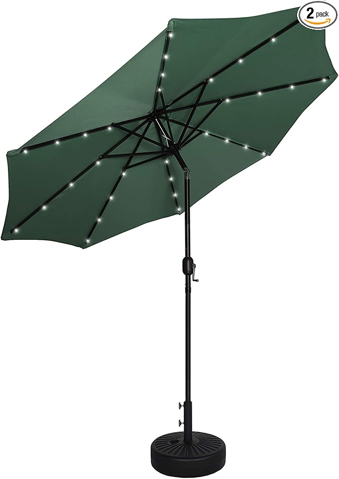 WO Home Furniture 9 Ft Patio Solar Power LED Lights Market Umbrella with Black Color Round Free Standing Weight Base kit, Dark Green