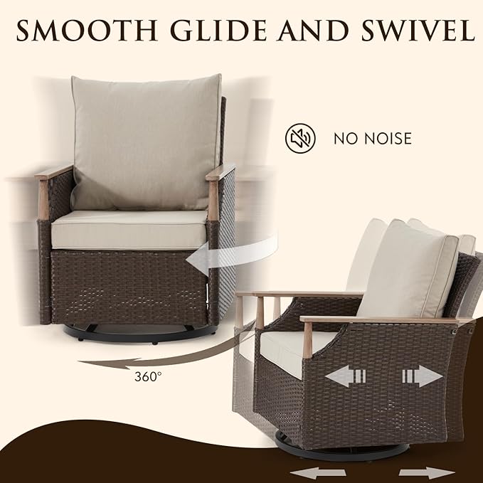 MELLCOM Patio Swivel Glider Rocker Chairs Set Wicker 5 Piece Patio Furniture Set Rocking Bistro Set with Tempered Glass Side Table and 2 Ottoman, for Backyard Garden Patio Porch (Beige, 5pcs)