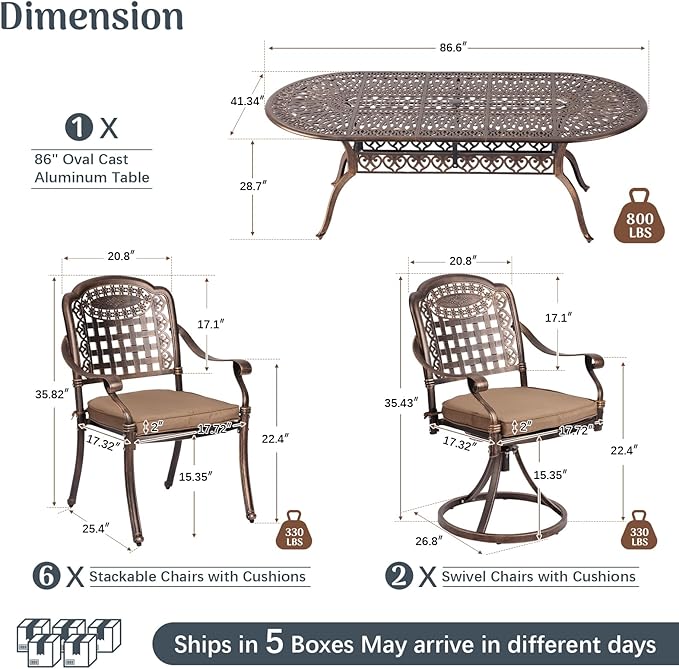 Redlife 9-Piece Cast Aluminum Outdoor Dining Set, 86" Oval Patio Table with Umbrella Hole, 2 Swivel Rocker Chairs & 6 Stackable Chairs with Cushions, Lattice Backrest, All-Weather Waterproof