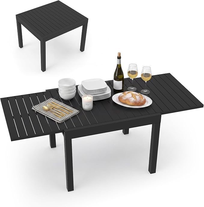 Expandable Patio Dining Table for 4-8 Person, Aluminum Extendable Outdoor Table, 38"-77" Adjustable Patio Table, Square/Rectangular Outdoor Accent Table for Garden, Backyard, Poolside, Black