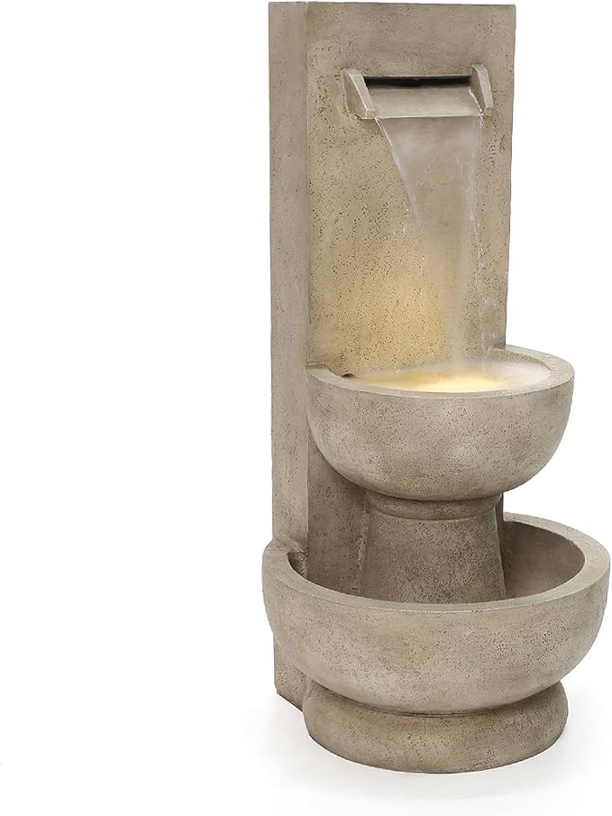 LuxenHome 33" Outdoor Water Fountain with Planter, Resin Outdoor Fountain with LED Lights, Garden Water Feature for Backyard, Porch