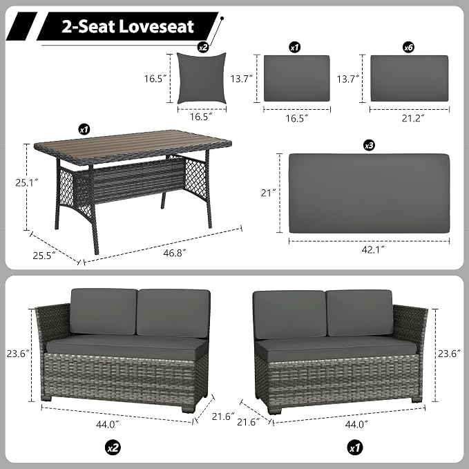 KIGOTY 7 Piece Patio Furniture Set, Outdoor PE Wicker Rattan Outdoor Dining Set, Patio Table and Chairs Set, Patio Conversation Sofa Set with Dining Table and Ottoman(Grey-Grey)