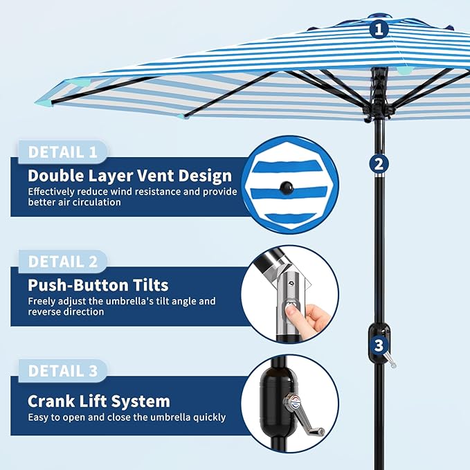GarveeLife 10FT Patio Umbrella Outdoor, Table Umbrella with Push Button Tilt and Crank, 8 Sturdy Ribs UV Protection Waterproof for Garden, Pool, Market, Deck (Blue & White Stripe)
